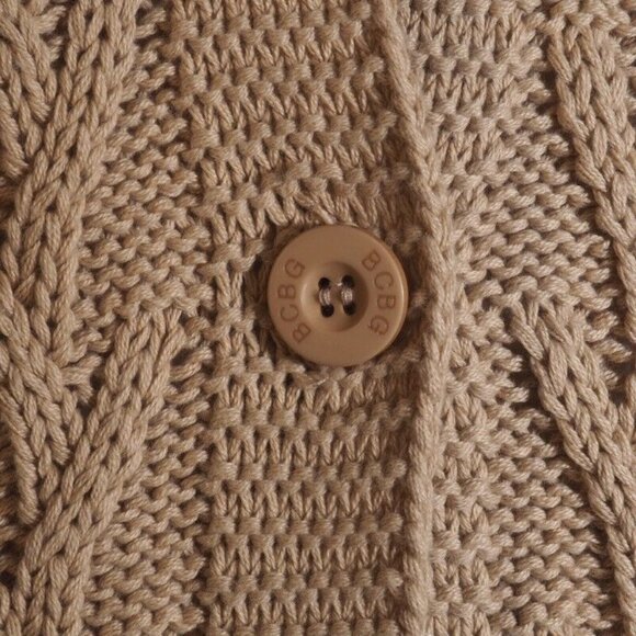BCBG Fisherman Cardigan Size M 10 12 Tan Tunic Hood Cable Button Natural - Picture 9 of 10